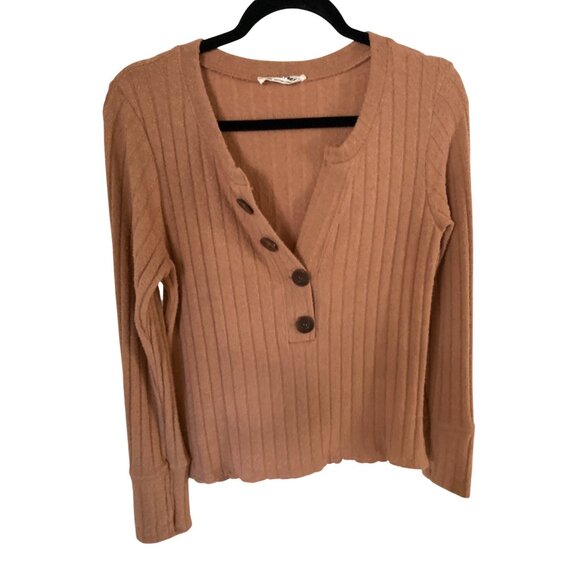 FREE PEOPLE Women’s Boho Long Sleeve Ribbed Henley Top Clay Large  EUC - Picture 2 of 6